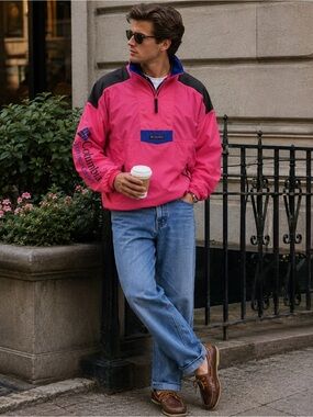 Columbia Men's Retro Hot Pink Black Windbreaker Packable Jacket L